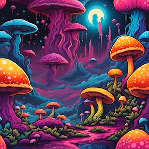 Magic Mushrooms; Alien Planet ; Fantasy Planet growing Mushrooms.  Poster Drawing Printable, Colourful Wall Art Home Decor, Sci Fi Download