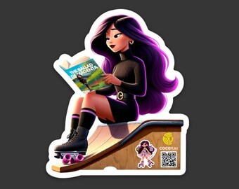 Magenta Reads The Ballad of Magenta with roller skates while sitting on a skate ramp