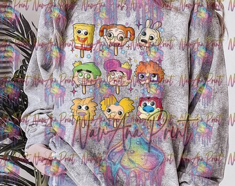 May include: A gray sweatshirt with a colorful tie-dye design and a graphic print of cartoon characters from Nickelodeon shows. The characters are depicted as popsicles with dripping ice cream. The text "LICENSED TO PRINT" is visible in the upper right corner of the image.