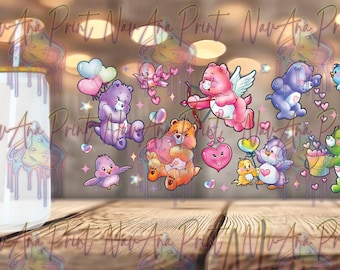 Bear Theme Valentine, Cupid, Hearts and Bows 160z and 20oz Can Wrap UV DTF Transfer, UV Sticker, Glass Cans