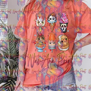 May include: Coral-colored t-shirt featuring cartoon ice cream designs with horror movie themes. The ice cream cones and popsicles have faces and are decorated with stars. The text "Nav Ana Print" is printed on the shirt.