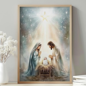 Nativity Scene Birth of Jesus DIGITAL DOWNLOAD, Christmas Printable Wall Art, Bible Watercolor Painting, Christian Faith Gift,  A76