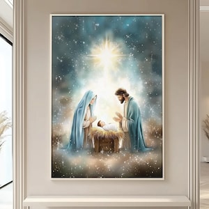 Holy Nativity Scene, Birth of Jesus DIGITAL DOWNLOAD, Christmas Printable Wall Art, Bible Watercolor Painting, Christian Faith Gift,  A67