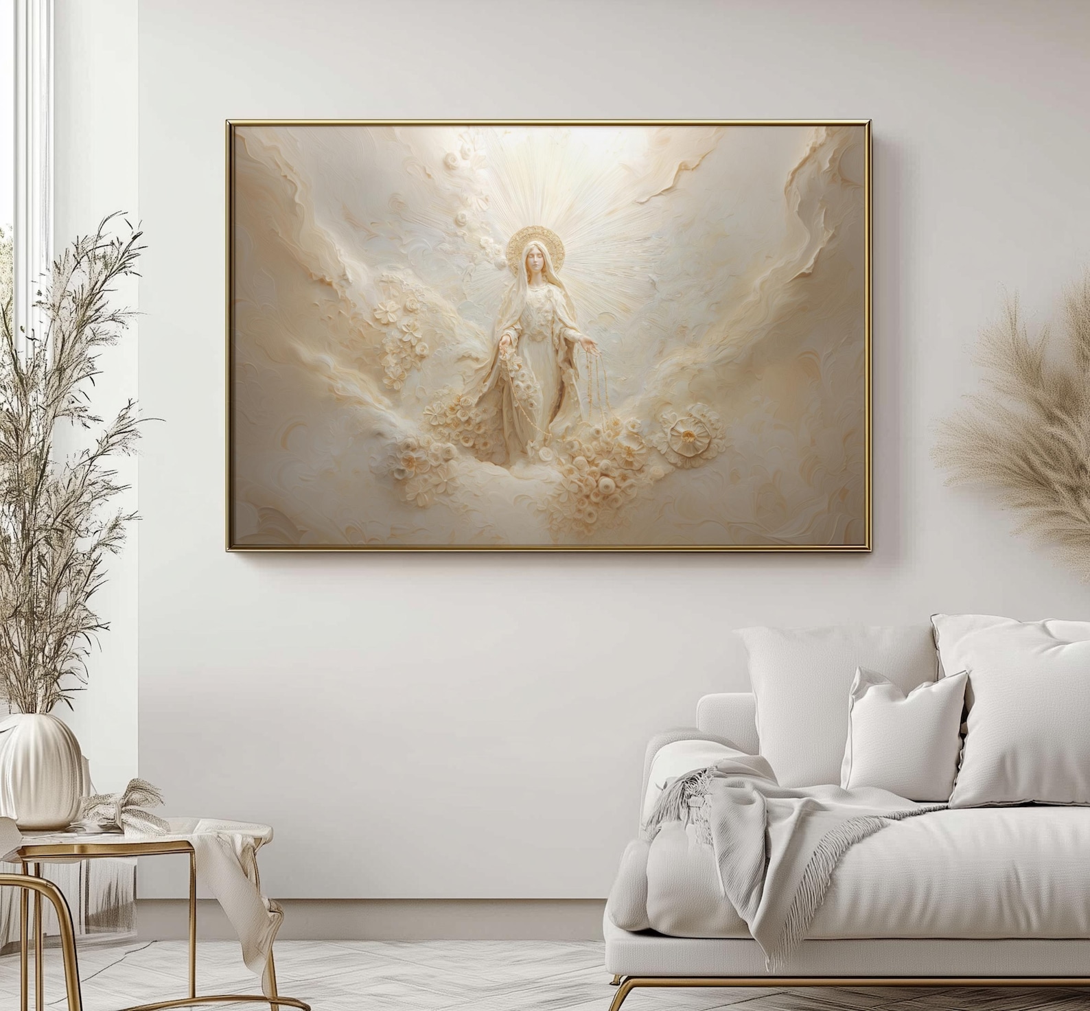 Our Lady Virgin Mary of the Rosary, Abstract Beige Canvas Print, Framed ...