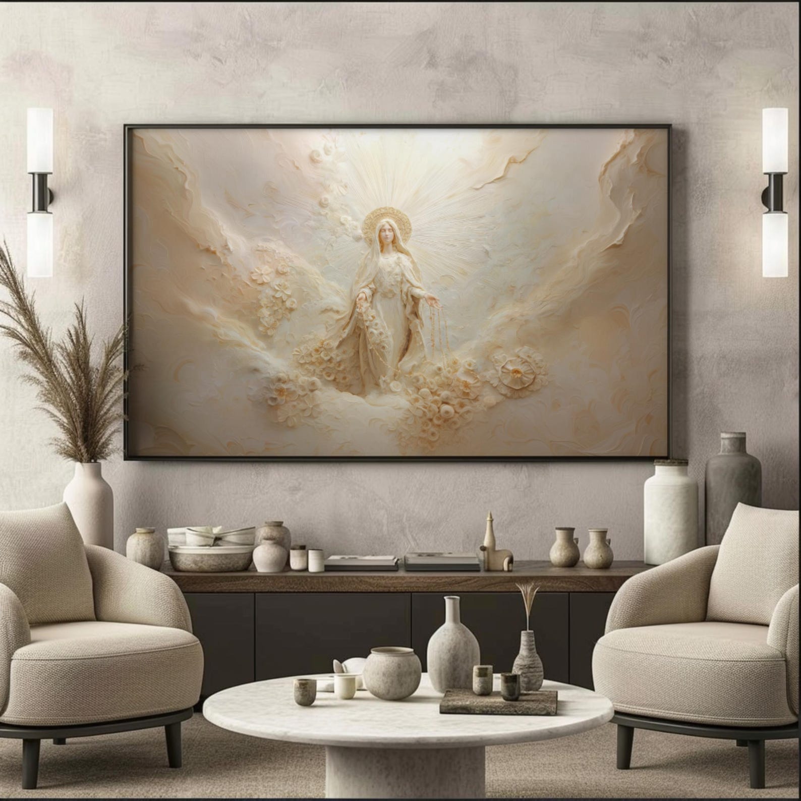 Our Lady Virgin Mary of the Rosary, Abstract Beige Canvas Print, Framed ...