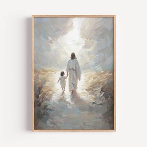 I&#39;ll walk with you Jesus, Follow Him Jesus walking with Boy, Large Christian Artwork, Modern Christian Art, Nursery Art, Jesus with Kids A58