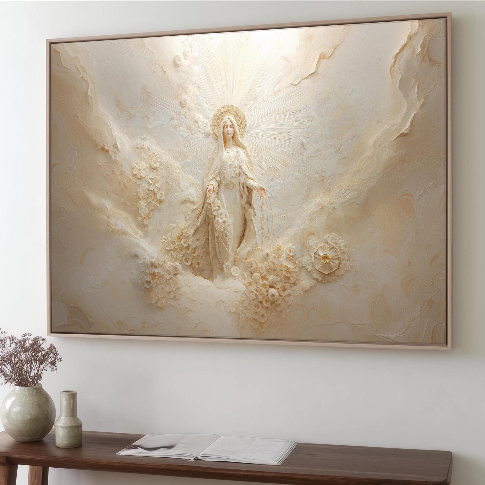 Our Lady Virgin Mary of the Rosary, Abstract Beige Canvas Print, Framed ...
