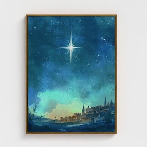 Christmas Star Of Bethlehem, Framed Wall Art, Birth of Jesus Christian Artwork, Modern Holiday Decor Canvas Print C76
