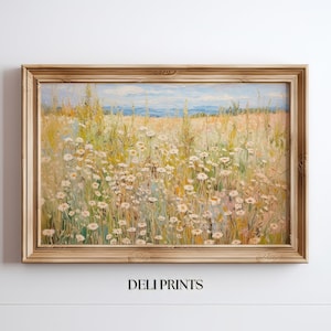 Spring Meadow Landscape Painting: Rustic Farmhouse Decor (Digital Download)