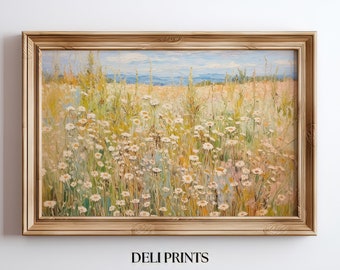Printable Spring Meadow Field Landscape Painting | Wildflower Field Art | Rustic Decor | Farmhouse Decoration | Digital Download | A-16