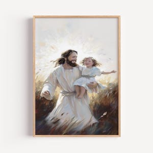 Safe in His Arms Large Oil Painting, Catholic Art, Jesus and Girl, Jesus with Children Art Nursery Art, Digital  Christian Art Jesus Art 55