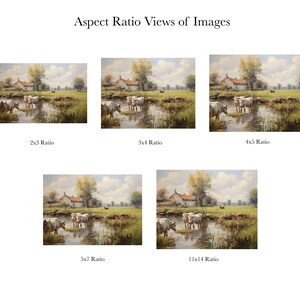 May include: A painting of a rural landscape with a white farmhouse, a pond, and cows. The sky is blue with white clouds. The painting is in a realistic style.