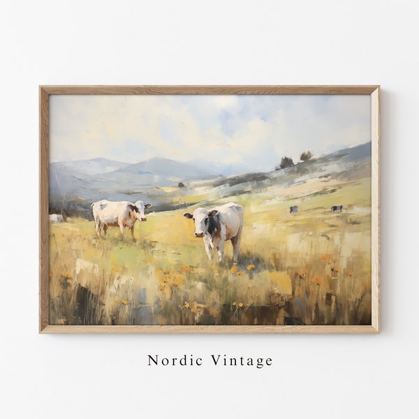 Vintage Hillside Cows Painting Cows Wall Art Farm Country Wall Art Farm Landscape Painting Vintage Farm Wall Art Farm Cows Oil Painting