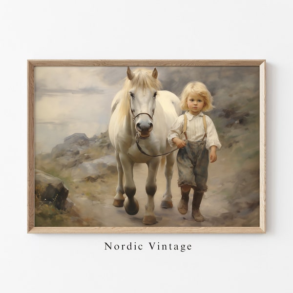 Boy And Fjord Pony Painting Fjord Pony Wall Art Fjord PRINTABLE Norwegian Folk Art Boy And Horse Painting
