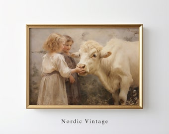 Vintage Cow Painting Children And Calf Wall Art PRINTABLE Rustic Farmhouse Decor Farm animals Wall Art Farm Vintage Art