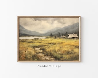 Vintage Norgemålning Norgefjordens väggkonst UTSKRIVBAR Landskapskonst Nordisk landskapsväggkonst Vintage nordisk naturkonst Oljemålning
