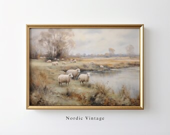 Vintage Sheep Wall Art Sheep In Pasture Painting Antique Farm Wall Art Printable Cottage Decor Sheep Animal Art Sheep Living Room Art