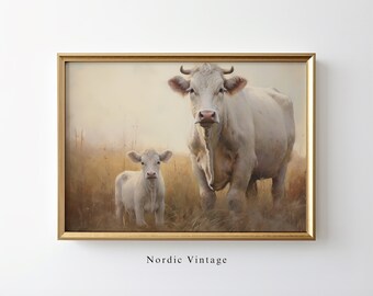 White Cows Painting Calf And Cow Wall Art Farm Country Wall Art Farm Animal Print White Cows Oil Painting Vintage Cow Wall Art