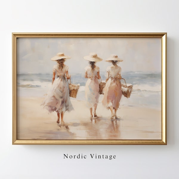 Vintage Beach Painting Women on Beach Wall Art PRINTABLE Neutral Color Wall Art Beach Walk Painting Antique Summer Oil Painting