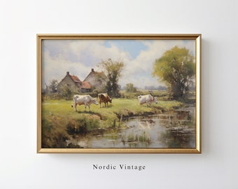 Vintage Farm Landscape Painting Farm Cows Wall Art Farm Animals Wall Art Printable Cows On The Farm Oil Painting Cottage Decor Art