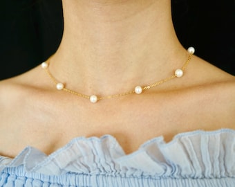 Collar de perlas con baño de oro – Gargantilla de plata de ley chapada en oro de 18 quilates