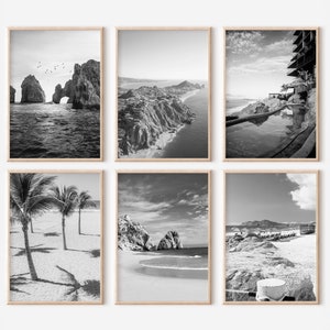 May include: A set of six black and white photographs featuring various coastal landscapes. The photos depict palm trees, rocky beaches, ocean views, and a pool with a view.