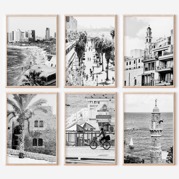Tel Aviv Israel Prints Set of 6 | Black and White Photos Posters | Travel Photography Wall Art Gallery