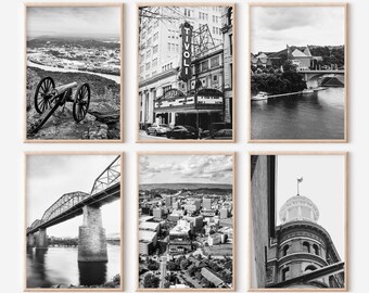 May include: A set of six black and white photographs featuring various scenes from Knoxville, Tennessee. The photos include a cannon on a hill overlooking the city, a bridge over a river, a cityscape, a building with a sign that reads "Tivoli", and a close-up of a building with a dome.