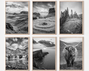 May include: A set of six black and white landscape photographs featuring dramatic scenery from the Scottish Highlands. The photos include a rocky mountain range, a waterfall, a coastline, a field of grass, and a Highland cow.