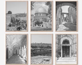 May include: A set of six black and white photographs featuring architectural details of Jerusalem, including the Dome of the Rock, a stone archway, and a hallway with arched doorways.