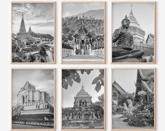 Chiang Mai Thailand Prints Set of 6 | Black and White Photos Posters | Travel Photography Wall Art Gallery