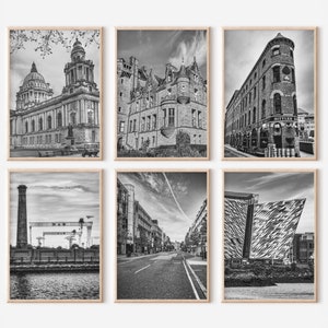 Ensemble de 6 gravures Belfast Irlande du Nord | Posters de photos de voyage en noir et blanc | Château de Belfast | Hôtel de ville de Belfast
