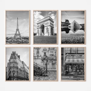 París Francia imprime conjunto de 6 / carteles de fotos de viajes en blanco y negro / Torre Eiffel / Arco de Triunfo Triunfo / Museo del Louvre