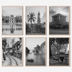 Juego de 6 impresiones de Hanoi, Vietnam, Pósteres de fotos en blanco y negro, Galería de arte de pared de fotografía de viajes