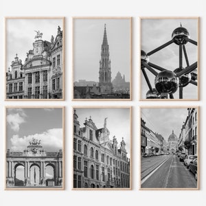 Ensemble de 6 gravures Bruxelles Belgique | Posters photos en noir et blanc | Galerie d'art mural de photographies de voyage