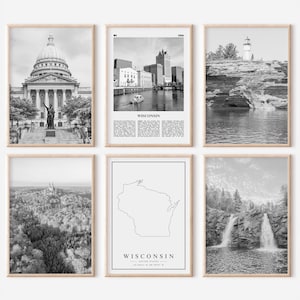 Wisconsin State Prints Set of 6 | Black And White Photos Posters | Travel Photography Wall Art Gallery