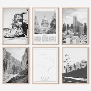 Conjunto de impresiones del estado de Texas de 6 / carteles de fotos en blanco y negro / galería de arte de pared de fotografía de viajes