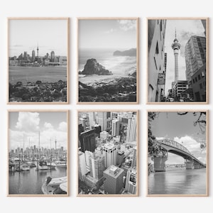 Ensemble de 6 gravures Auckland, Nouvelle-Zélande | Posters photos en noir et blanc | Galerie d&#39;art mural de photographies de voyage