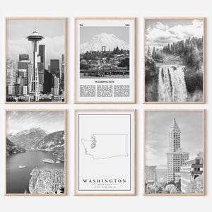 Conjunto de impresiones del estado de Washington de 6 / carteles de fotos en blanco y negro / galería de arte de pared de fotografía de viajes