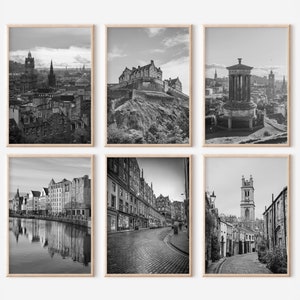 Juego de 6 impresiones de Edimburgo, Escocia, Pósteres de fotos de viajes en blanco y negro, Castillo de Edimburgo, Calton Hill