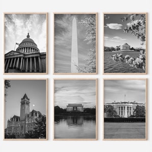 May include: A set of six black and white photographs featuring iconic landmarks in Washington, D.C., including the Capitol Building, the Washington Monument, the Jefferson Memorial, the National Mall, the Old Post Office Pavilion, and the White House.