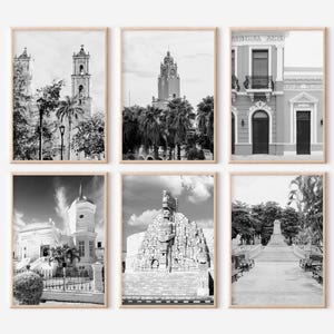 Op de afbeelding: Zes ingelijste zwart-witfoto's van architectonische bezienswaardigheden. De afbeeldingen tonen gebouwen met torens, bogen en sierlijke details, tegen een bewolkte lucht. De foto's worden in een raster weergegeven.