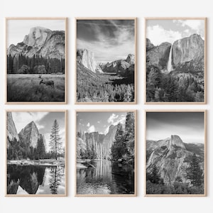 Ensemble de 6 gravures du parc national de Yosemite | Posters photos en noir et blanc | Galerie d'art mural de photographies de voyage | Vallée de Yosemite | El Capitan