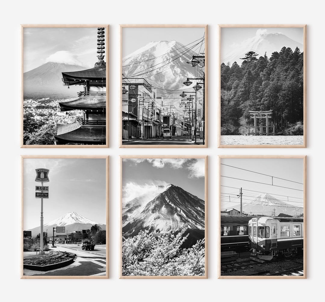 富士山 日本版画 6枚セット | 白黒写真ポスター | 旅行写真ウォール