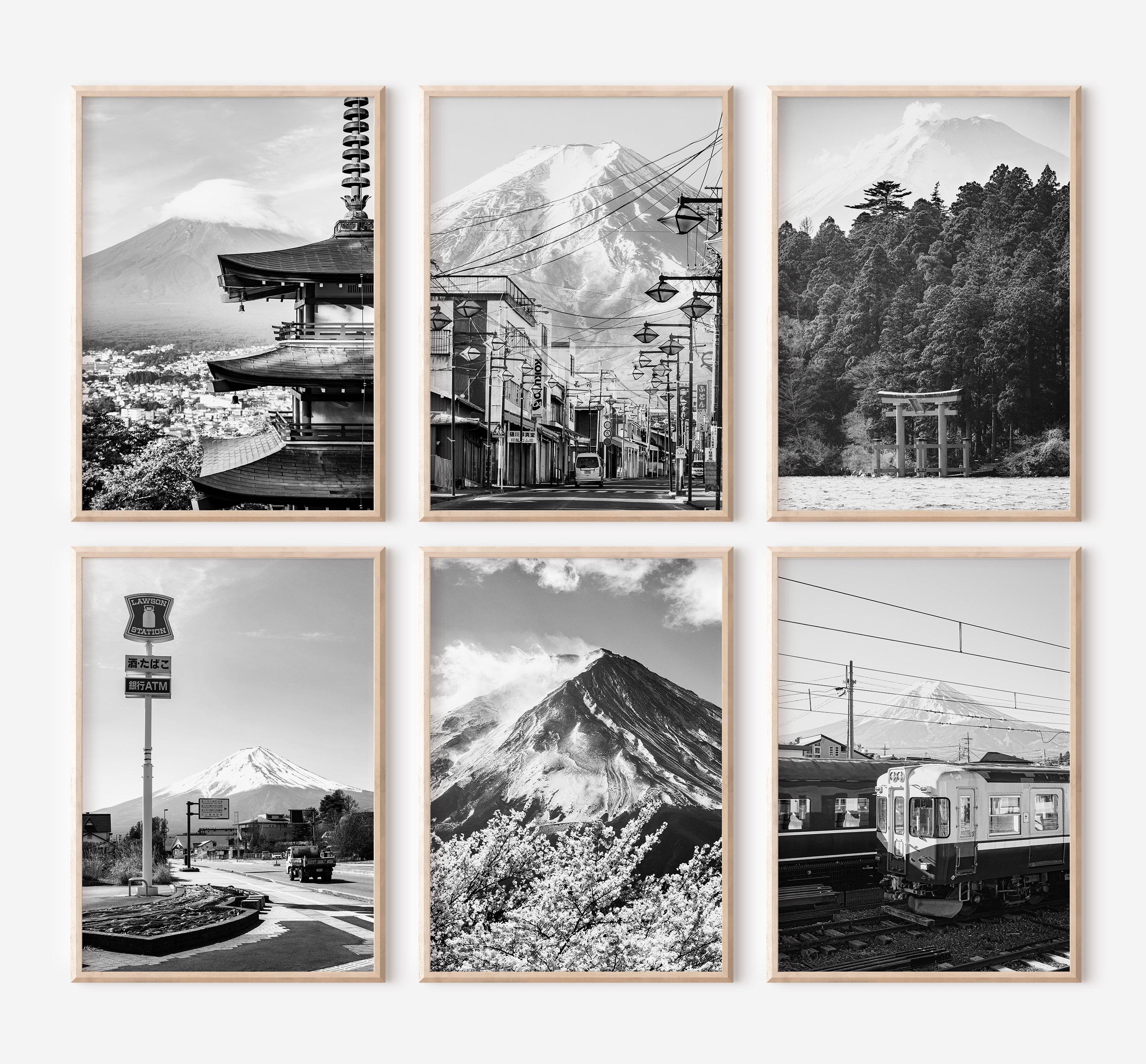 富士山 日本版画 6枚セット | 白黒写真ポスター | 旅行写真ウォール