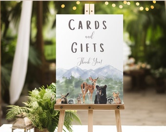 Woodland Baby Shower Cards and Gifts Table Sign Forest Baby Animal and Mountain Theme - Digital Download OR Physical Print on Poster Paper