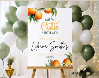 A Little Cutie Is On the Way Baby Shower Welcome Sign, Neutral Orange Citrus Theme