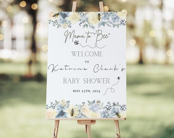 Mama to Bee Baby Shower Welcome Sign, Blue Floral Bee Theme (Physical or Digital)