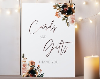 Dark Floral Cards and Gifts Table Sign for Bridal Shower, Baby Shower -Digital Download OR Physical Print on Poster Paper