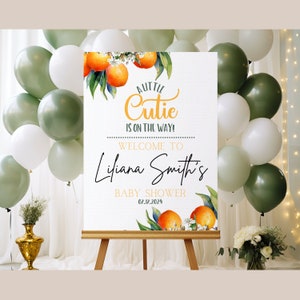 A Little Cutie Is On The Way Baby Shower Willkommensschild Orange Citrus Clementine Thema Poster, Schaumstoff, Leinwand oder digitale Datei Cutie Willkommensschild
